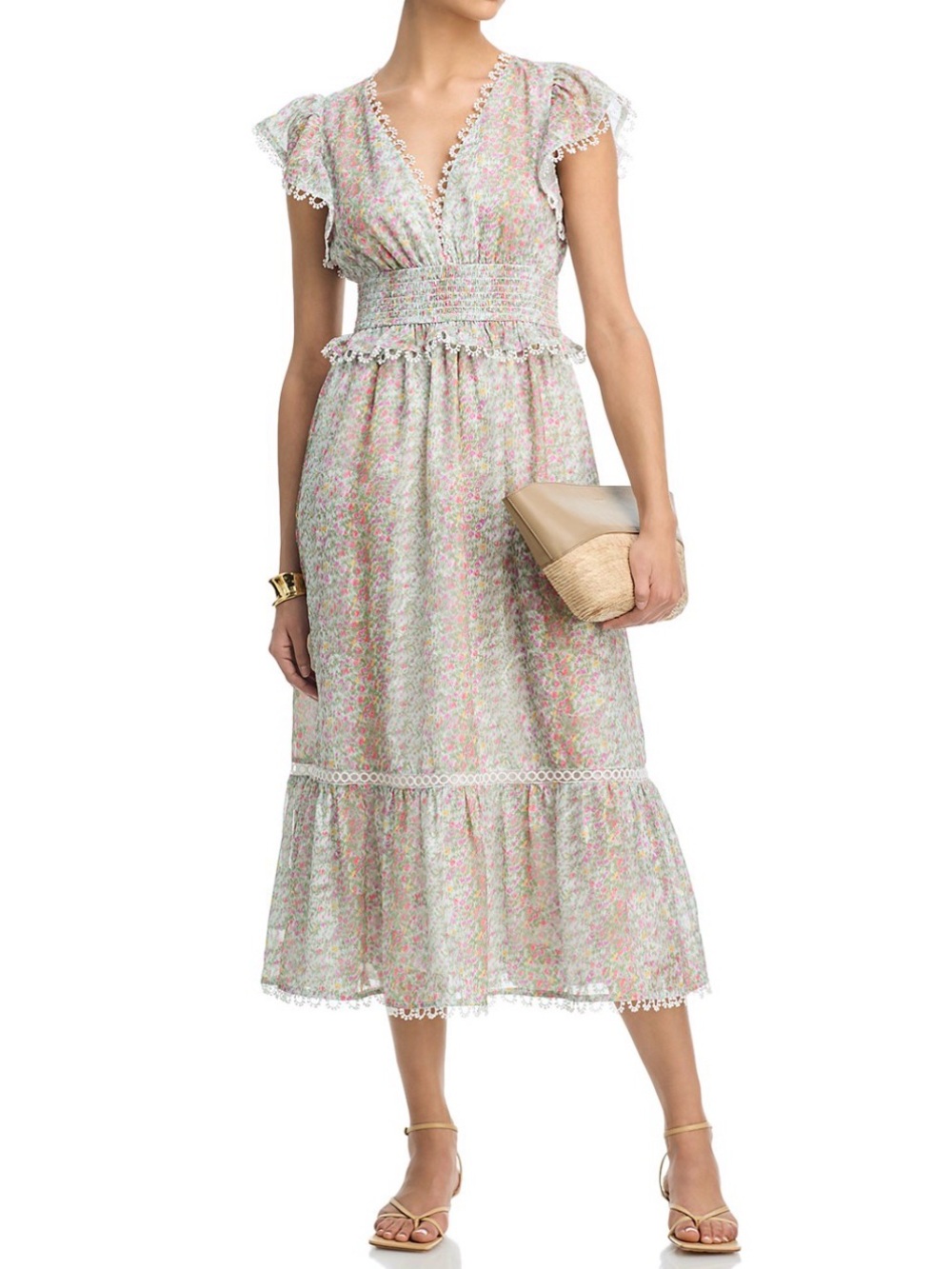 AQUA Ditsy Floral Short Sleeve Midi Dress